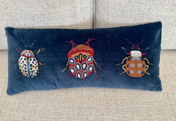 Velvet Embroidered Pillow w/ Beetles - Image 2