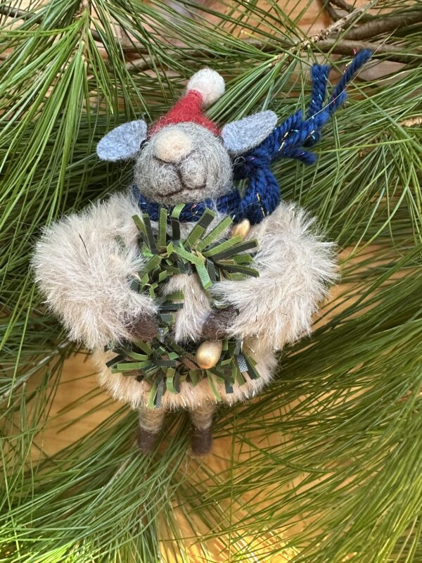 Fancy Wool Felt Mouse holding Wreath